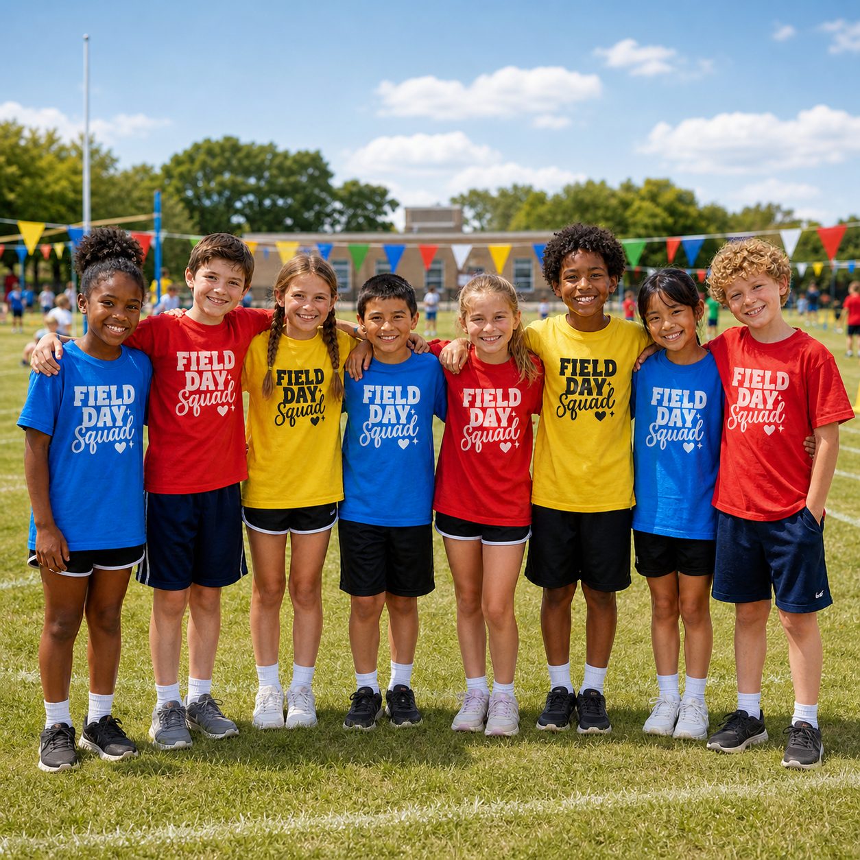 Students wearing bright custom-printed Vegas School Tees apparel outside on a school campus